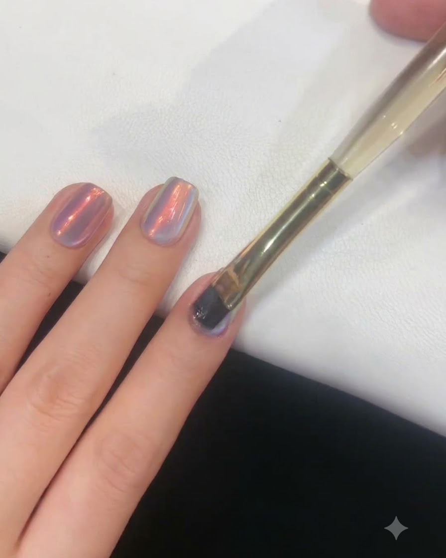 Un pinceau à ongles appliquant délicatement une fine couche de gel sur un ongle à finition aurore.