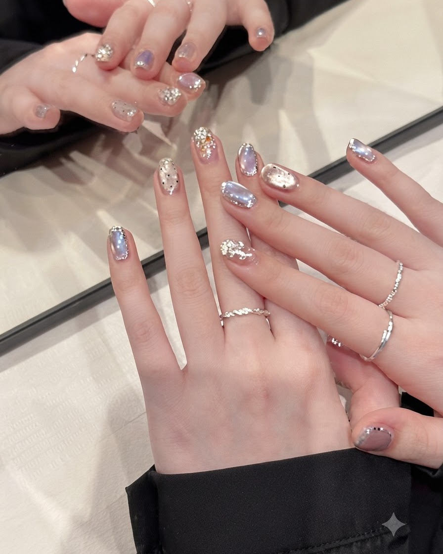 Gros plan des mains présentées pour montrer lagencement initial des ongles aurora cat eye.