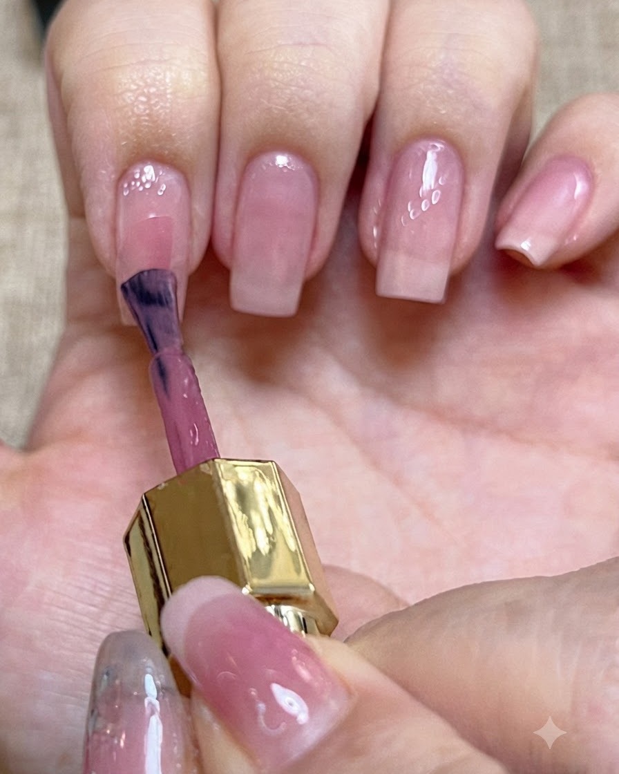 Un pinceau appliquant une touche de gel rose bois de rose au centre dun onglet.