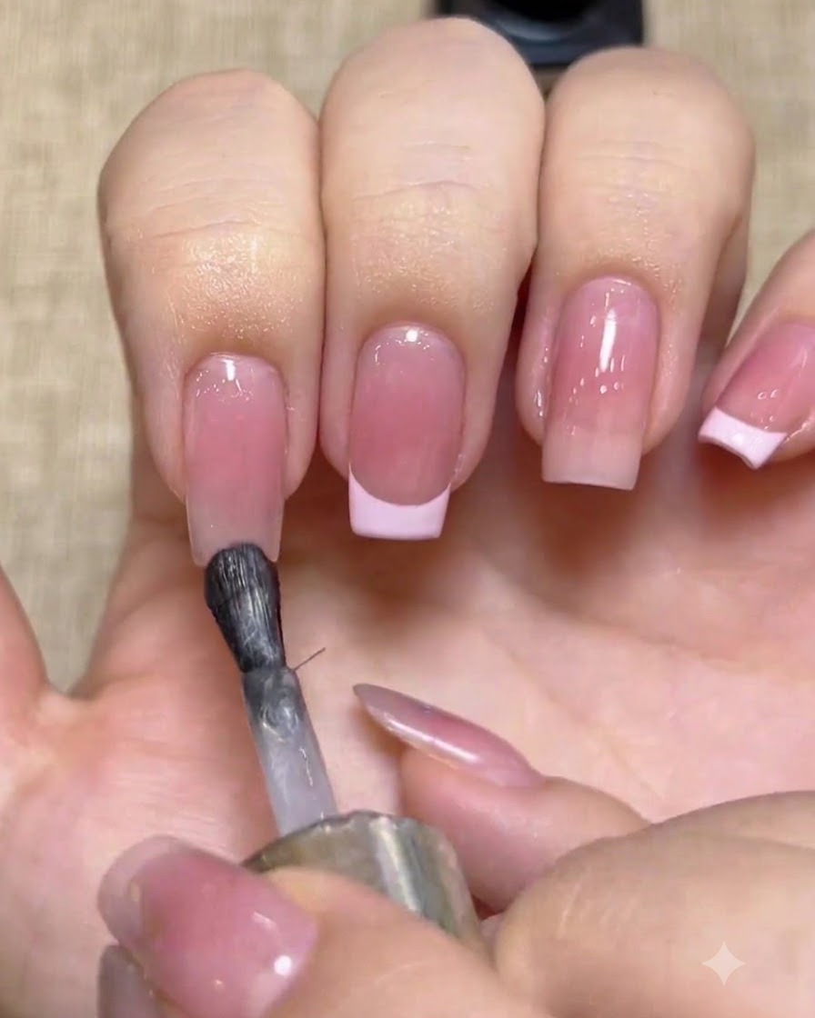 Un petit pinceau appliquant du gel cat eye transparent sur le bout dun doigt manucuré.