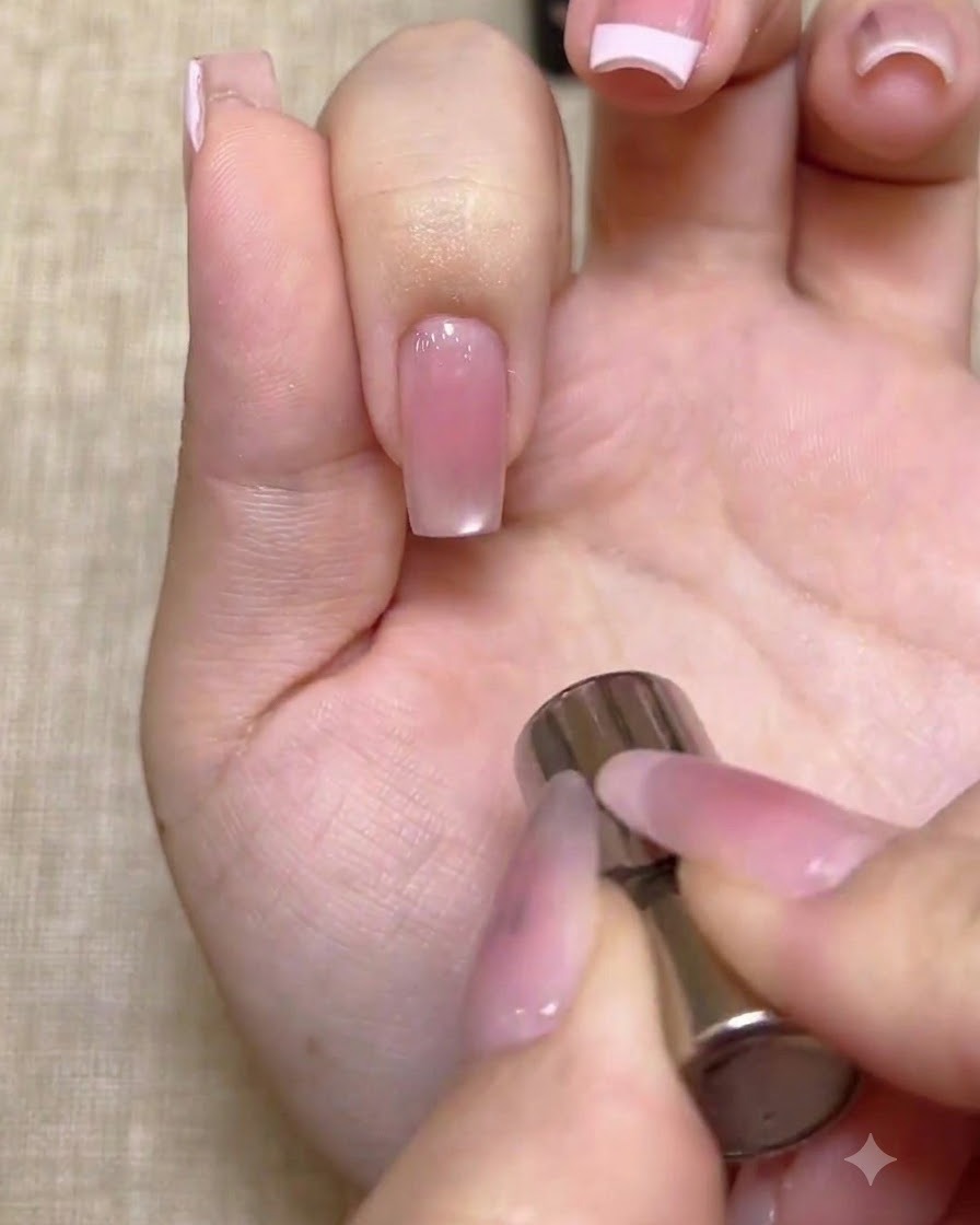 Un aimant cylindrique tournoyant au-dessus de la pointe dun ongle brillant pour concentrer les particules magnétiques cat eye.