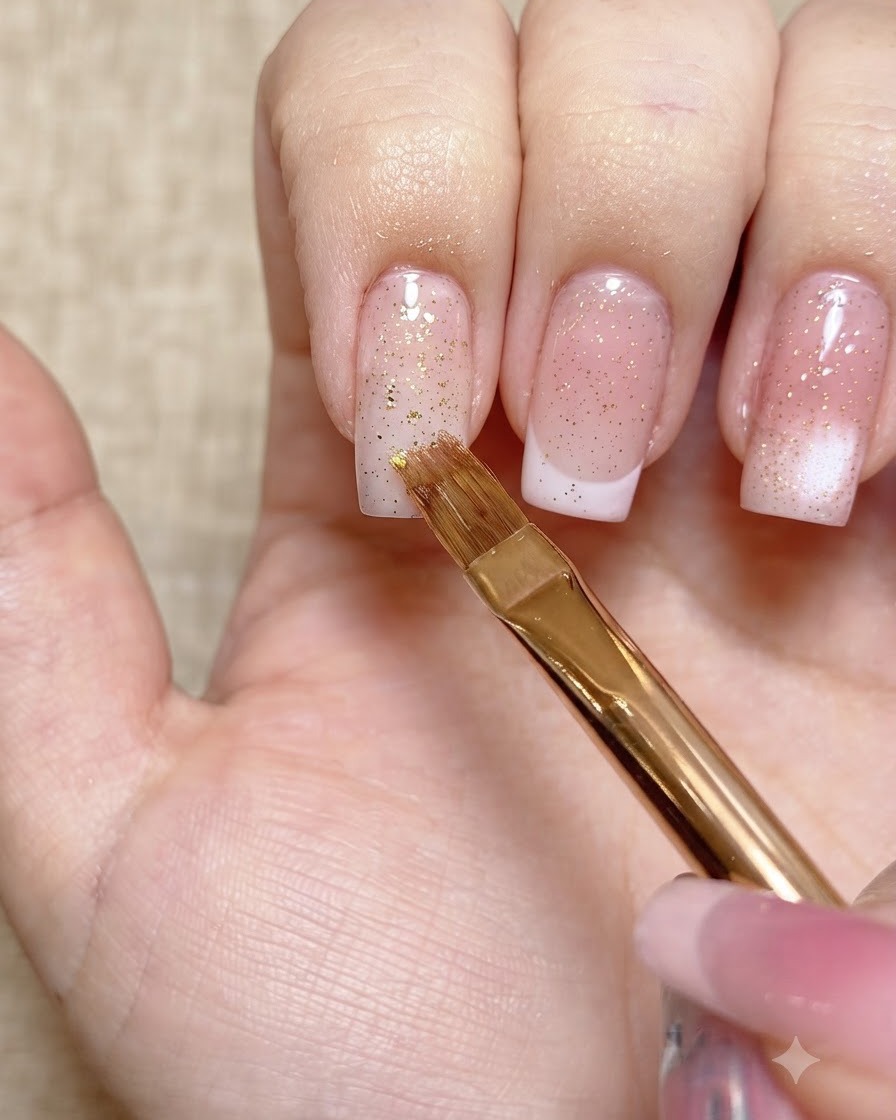 Un pinceau de détail doré appliquant une couche de gel de renfort transparent au centre dun ongle rosé.