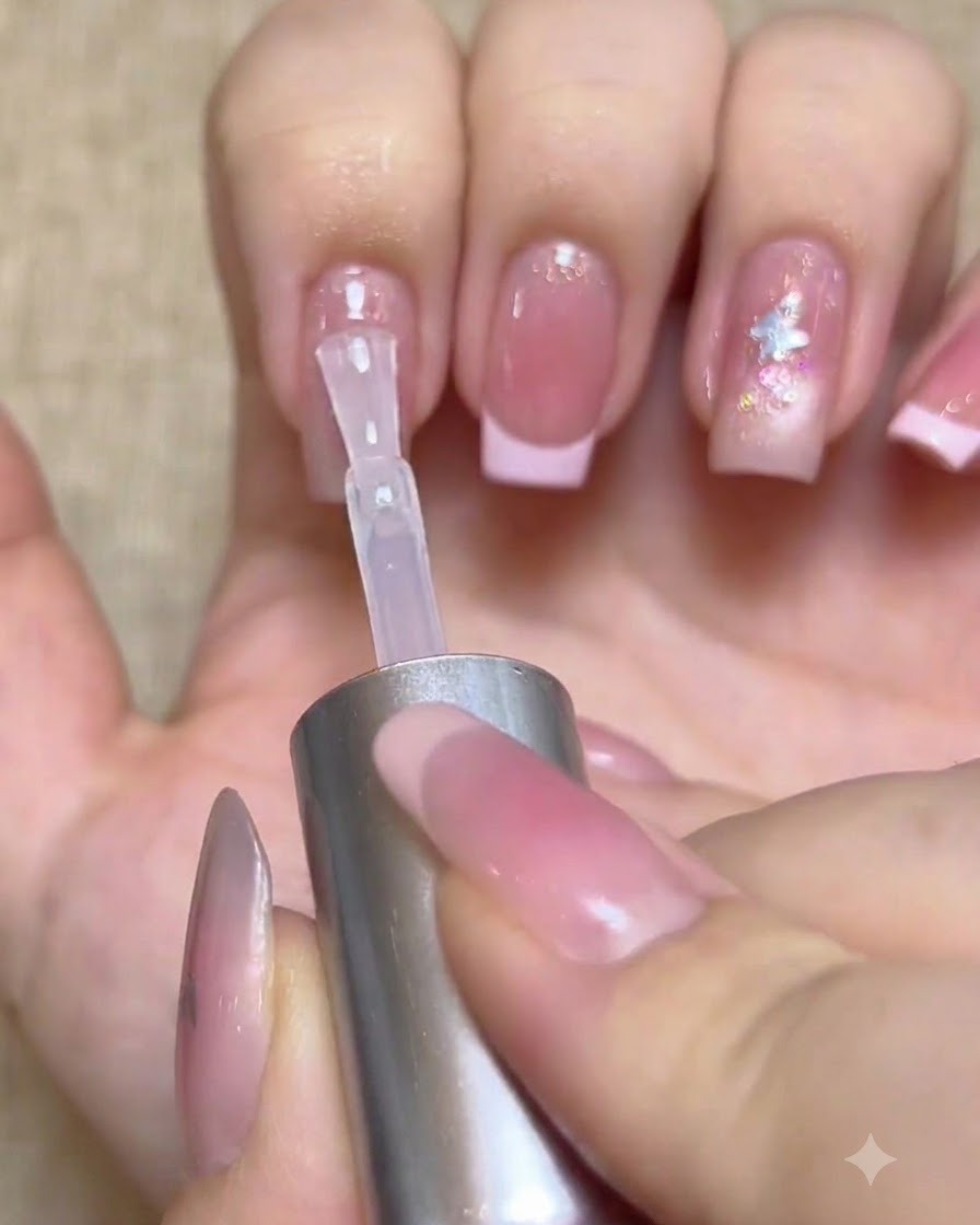 Un pinceau appliquant un gel de renfort lissant transparent par-dessus un ongle incrusté de sequins.