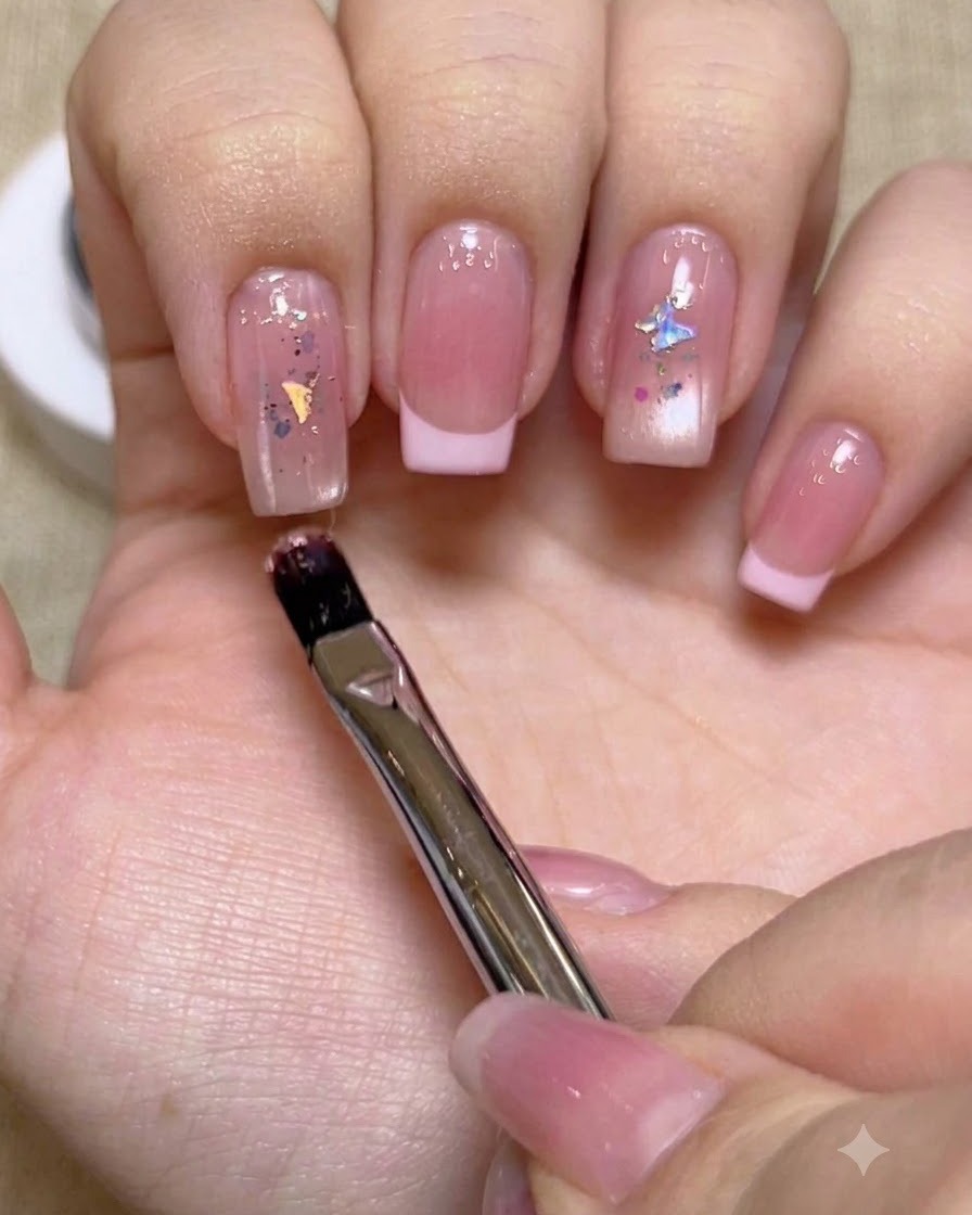 Un pinceau appliquant un top coat transparent sur des ongles décorés de sequins et de charms.