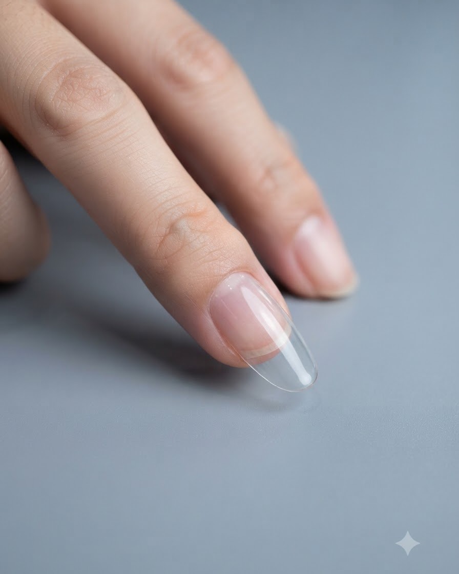 Un pinceau appliquant une fine couche de gel de base rose nude sur une extension dongle transparente.