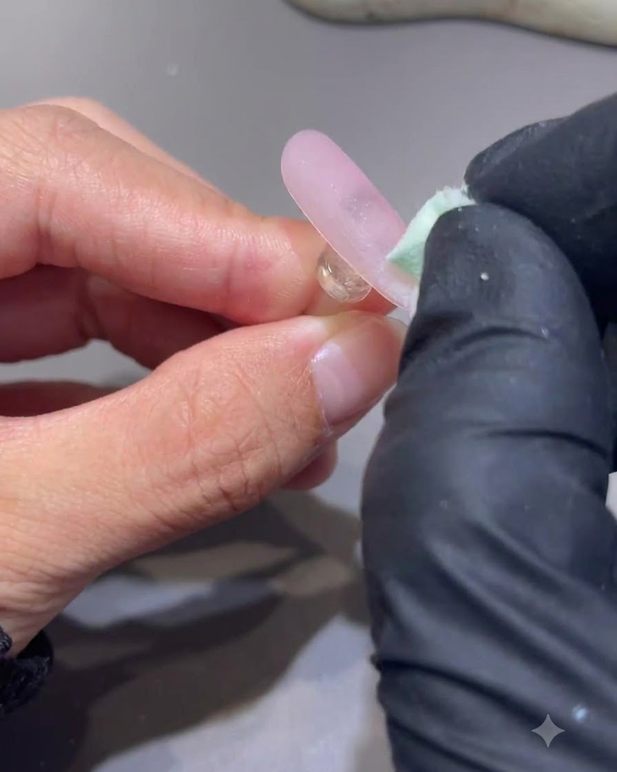 Une éponge estompant délicatement le bord supérieur dun dégradé de gel blanc sur un onglet.