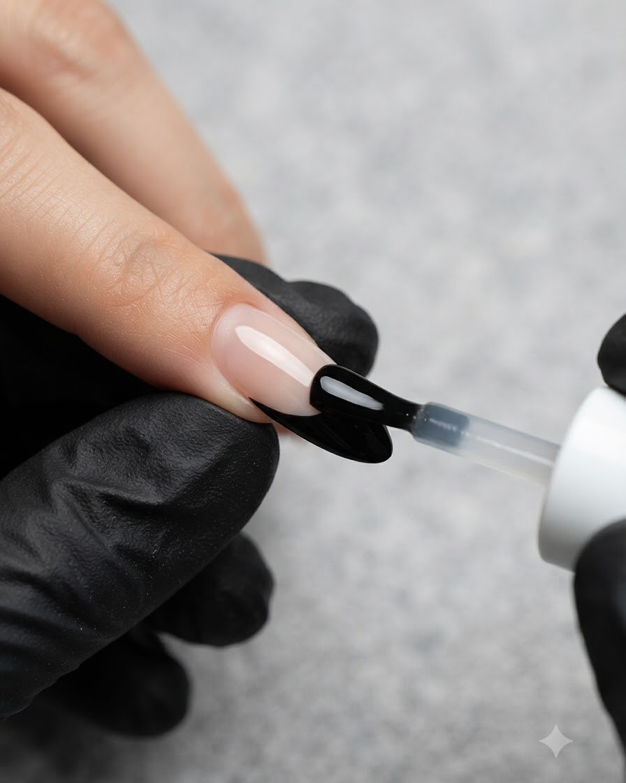 Un pinceau appliquant un gel de base transparent sur une surface dongle dégradée.