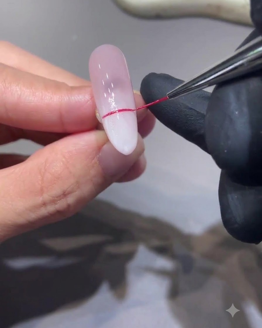 Un pinceau liner fin peignant le contour dune étoile rouge sur un ongle dégradé.