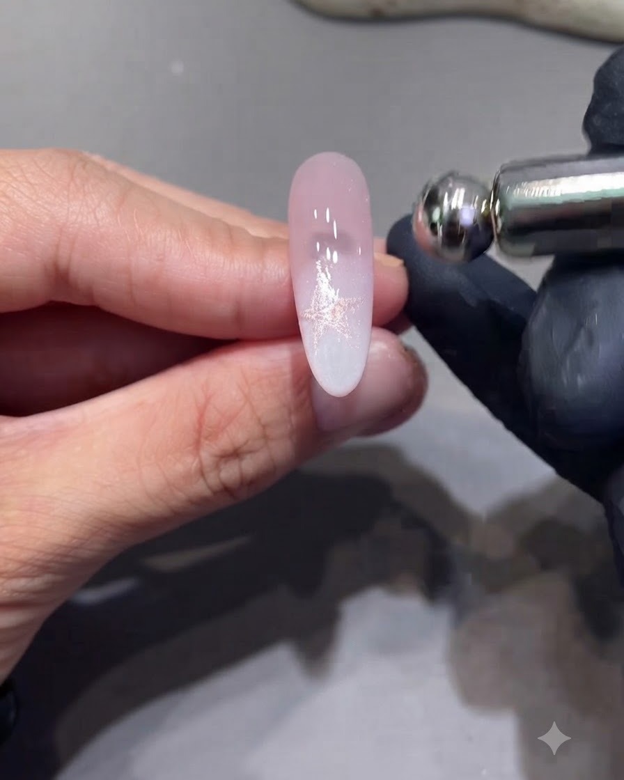 Un bâtonnet aimanté tenu près dun ongle présentant une forme détoile peinte pour activer le scintillement.