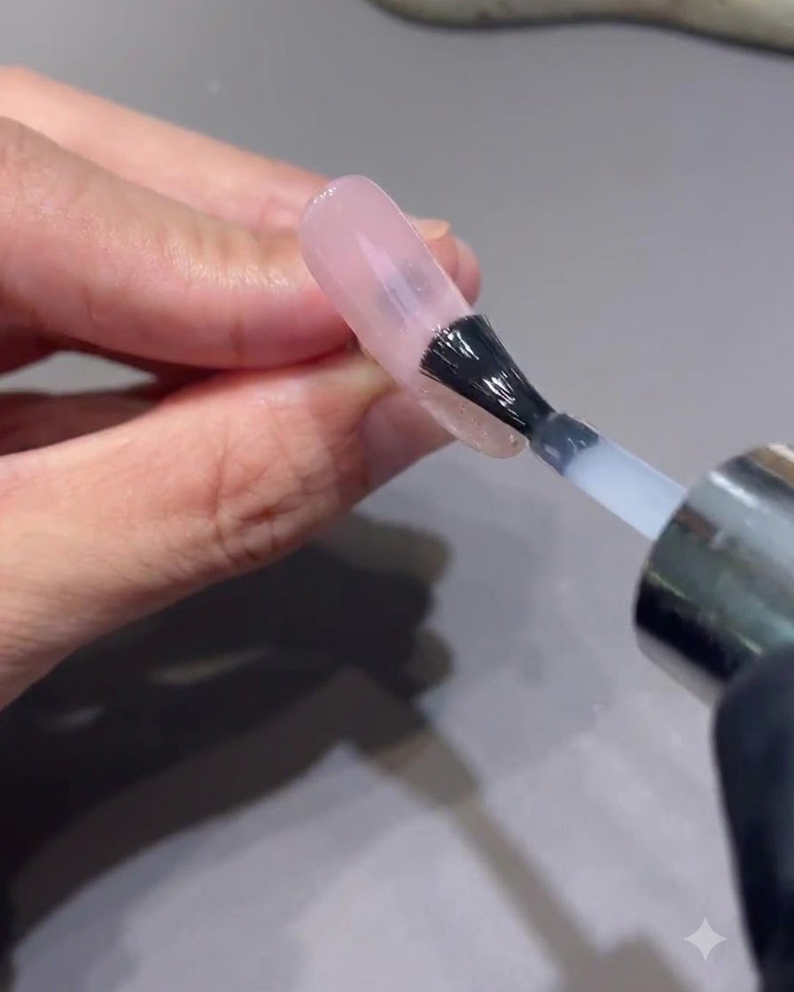 Un pinceau appliquant un top coat brillant transparent sur un design de nail art étoilé sur un ongle artificiel.