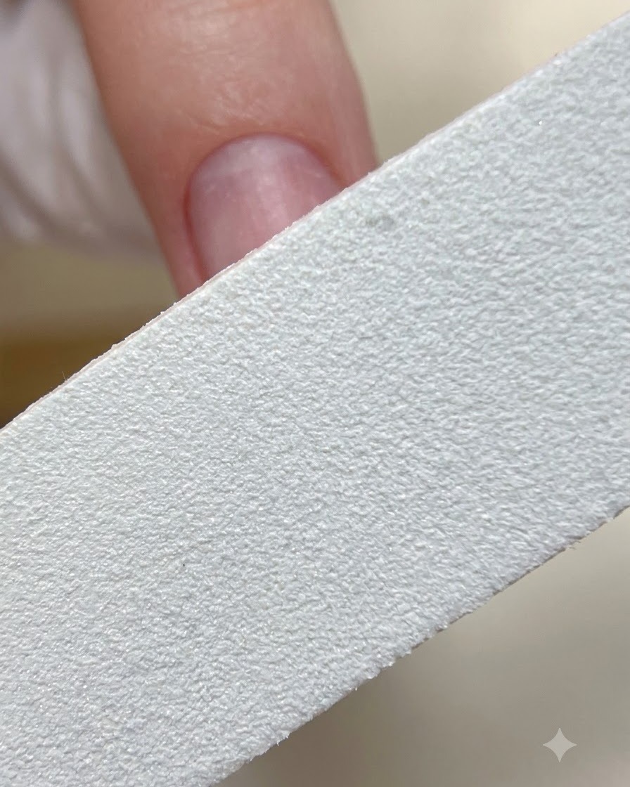 Gros plan sur un bloc polissoir blanc lissant la surface dun ongle naturel préparé.