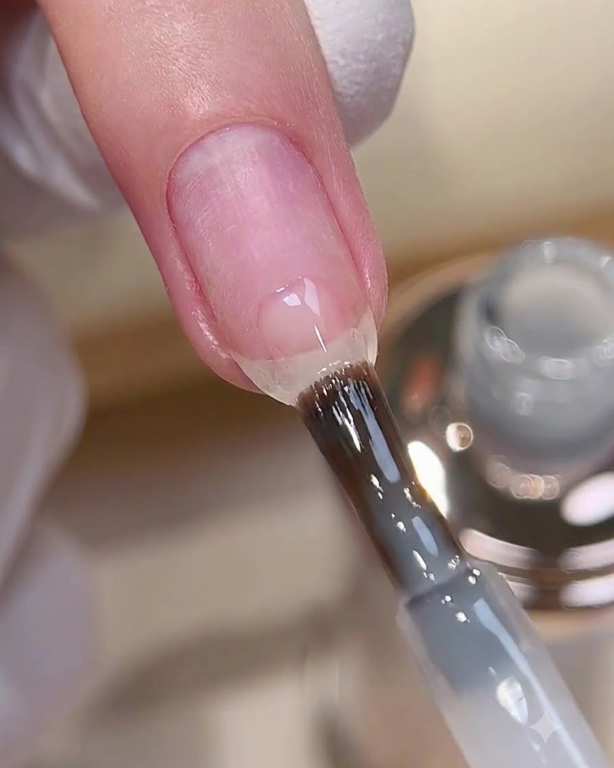 Un pinceau appliquant du gel de construction blanc laiteux sur le bord libre dun ongle naturel préparé.