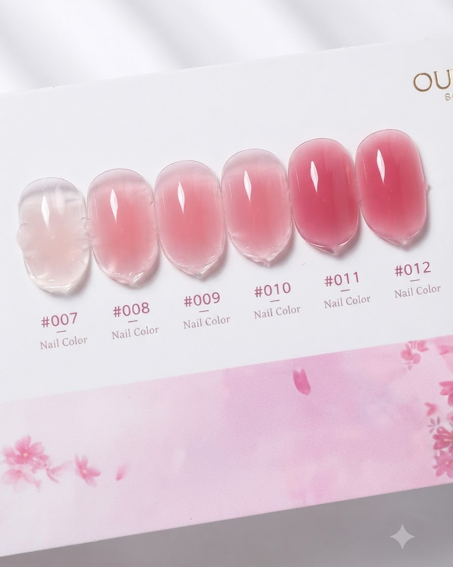 Gros plan sur un flacon de gel de construction couleur rose tendre, mettant en valeur sa teinte rose translucide et son pinceau applicateur.