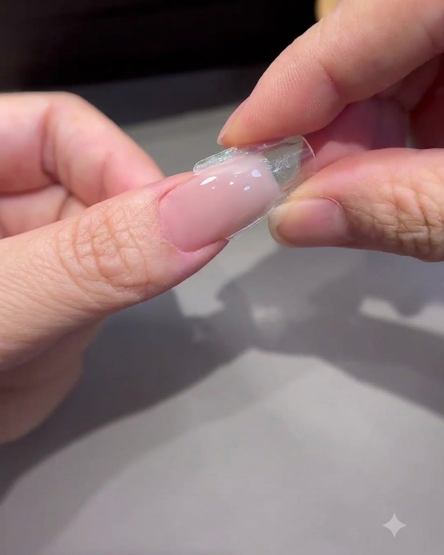 Des doigts pinçant délicatement les côtés dune double forme transparente pour la détacher dune extension dongle en gel catalysé.