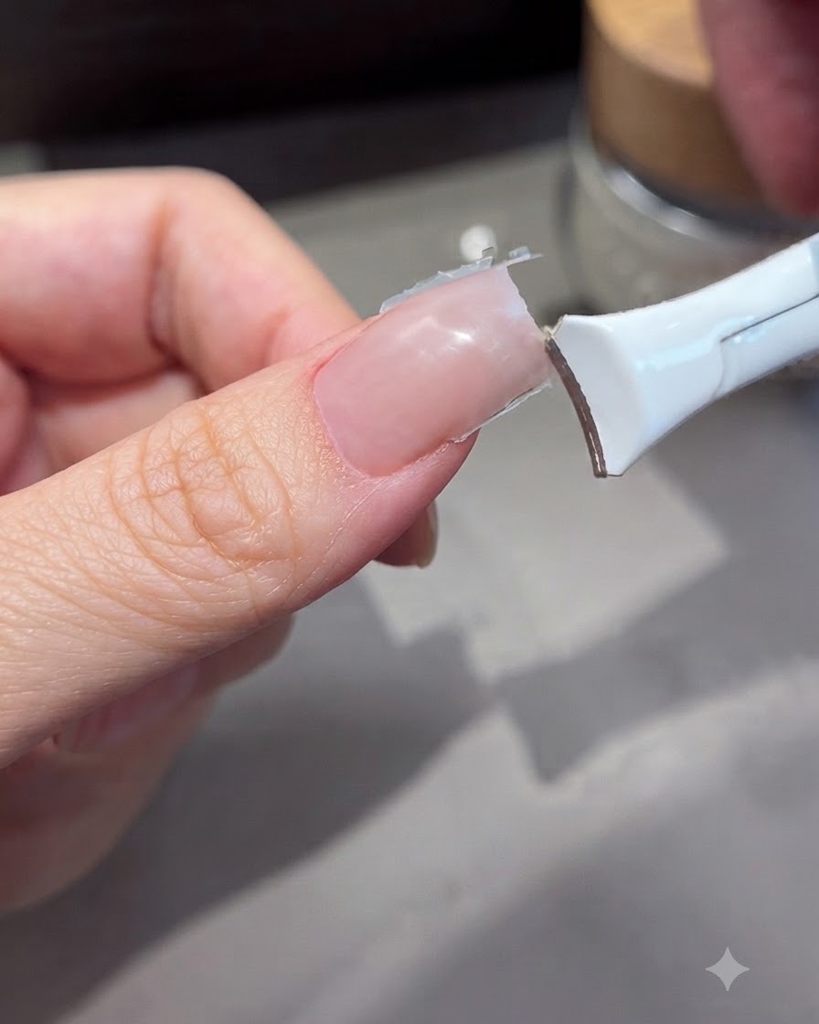 Un coupe-ongles coupant le bord libre dun ongle en gel fraîchement étendu.