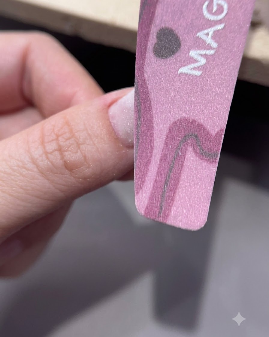 Un bloc polissoir rose lissant la surface dun ongle manucuré.