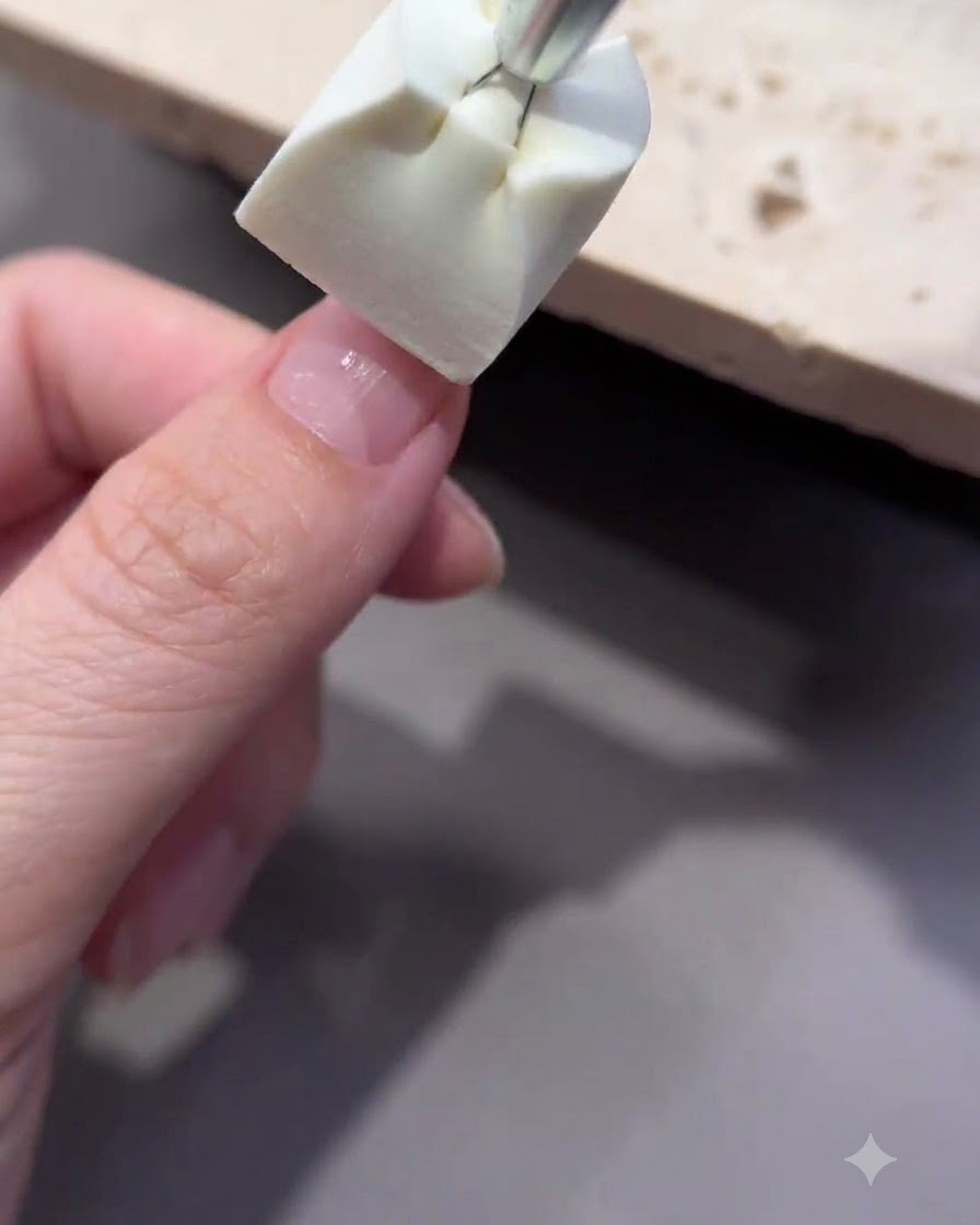 Un applicateur éponge tamponnant une couleur rose clair sur le bout dun ongle manucuré.