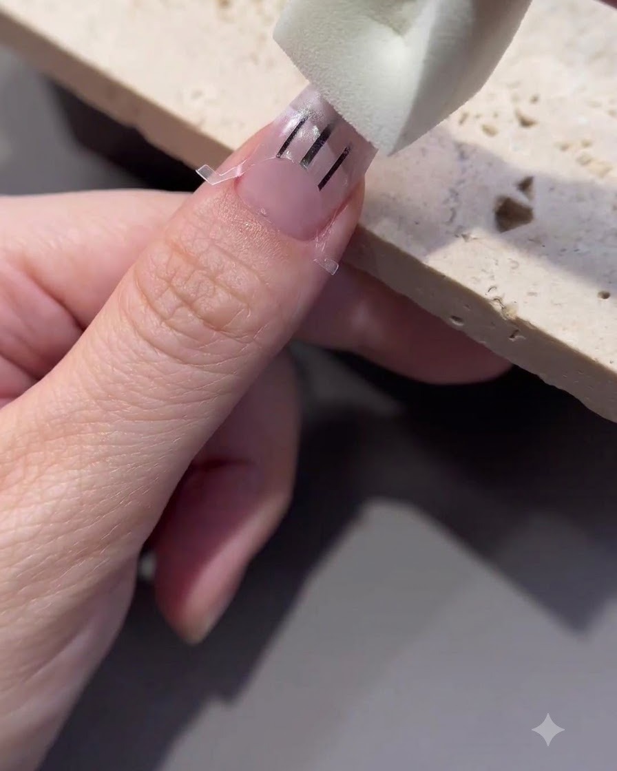 Un bloc éponge étalant du vernis blanc sur un autocollant guide de french sur un ongle.