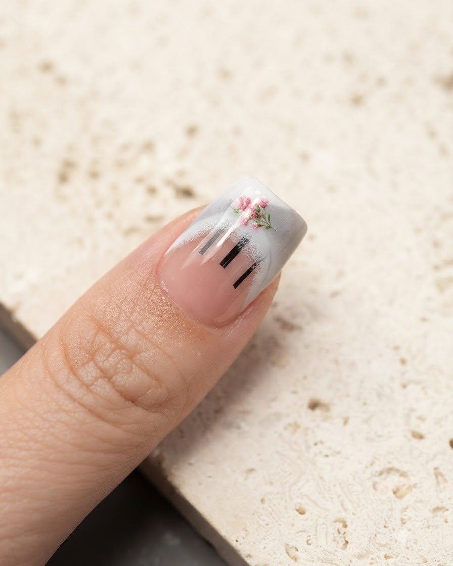 Une pince à épiler plaçant de petits autocollants de fleurs roses sur la french tip dun ongle.
