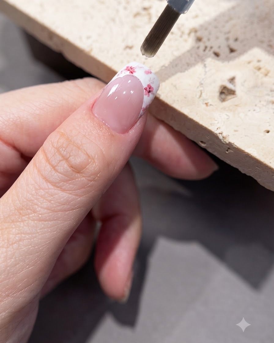 Un pinceau appliquant une couche de gel transparent sur un ongle décoré dautocollants floraux.