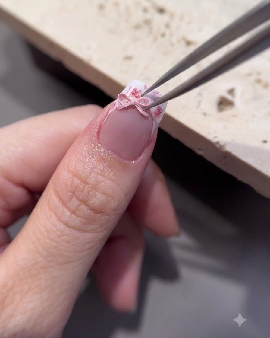 Une pince à épiler plaçant un petit nœud rose 3D sur la surface de longle recouvert de top coat.