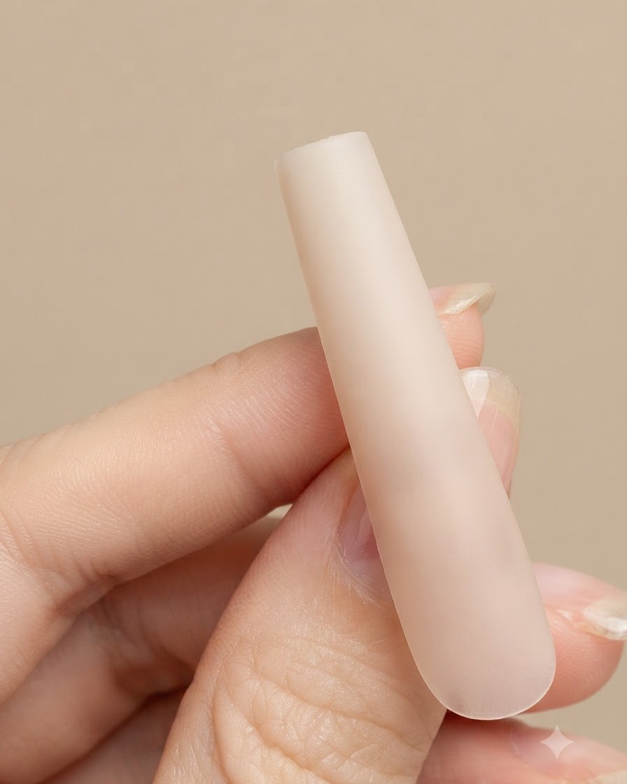 Un ongle dégradé doux terminé montrant une transition blanche concentrée au bout du doigt.
