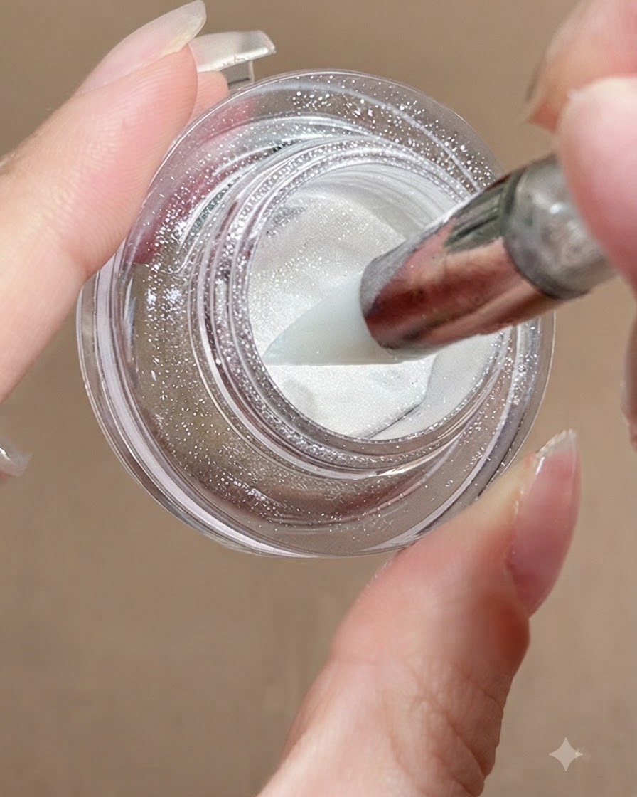 Un outil stylo en silicone plongeant dans un pot de poudre chrome lune blanche chatoyante.