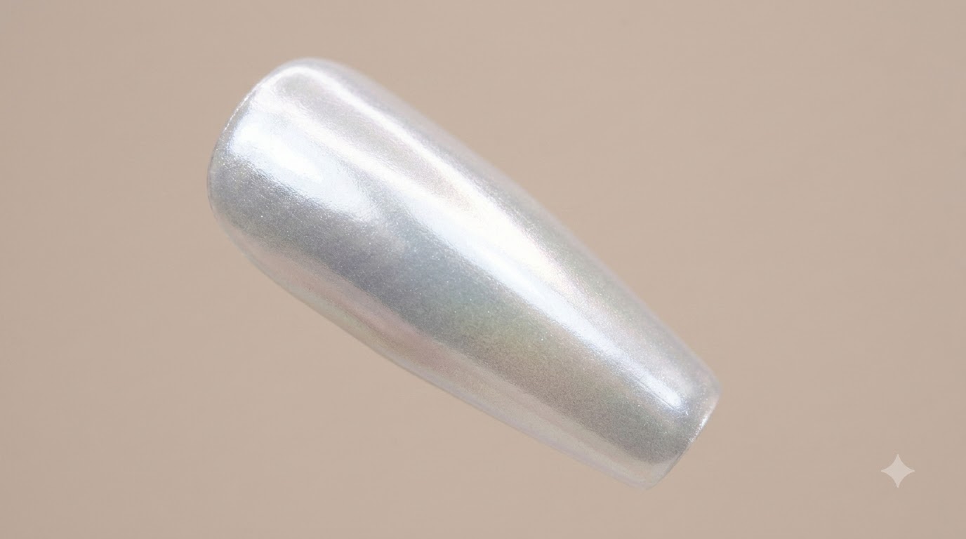 Ongle long en forme de cercueil présentant une finition chrome aurora blanc nacré ultra-brillante avec un effet dégradé fluide.