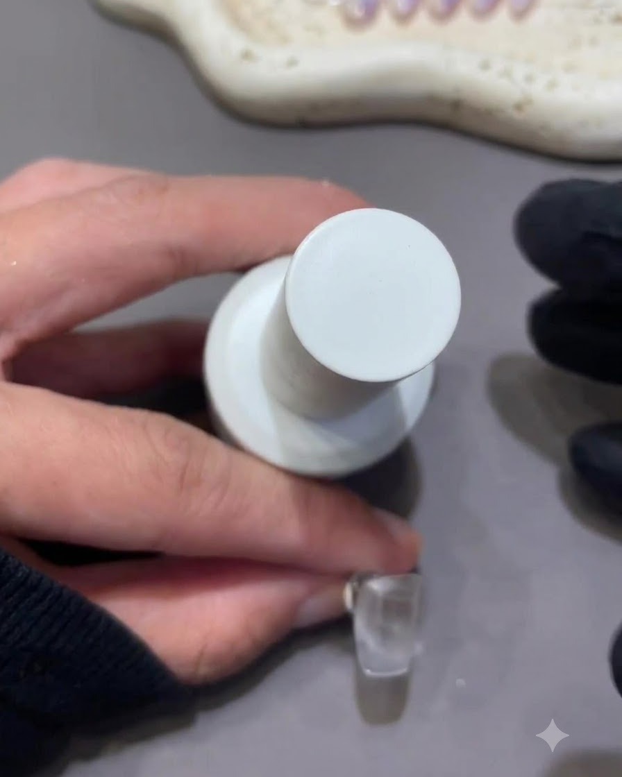 Gros plan dun pinceau à ongles tenant un flacon de gel sculptant nude à côté dun faux ongle nu.