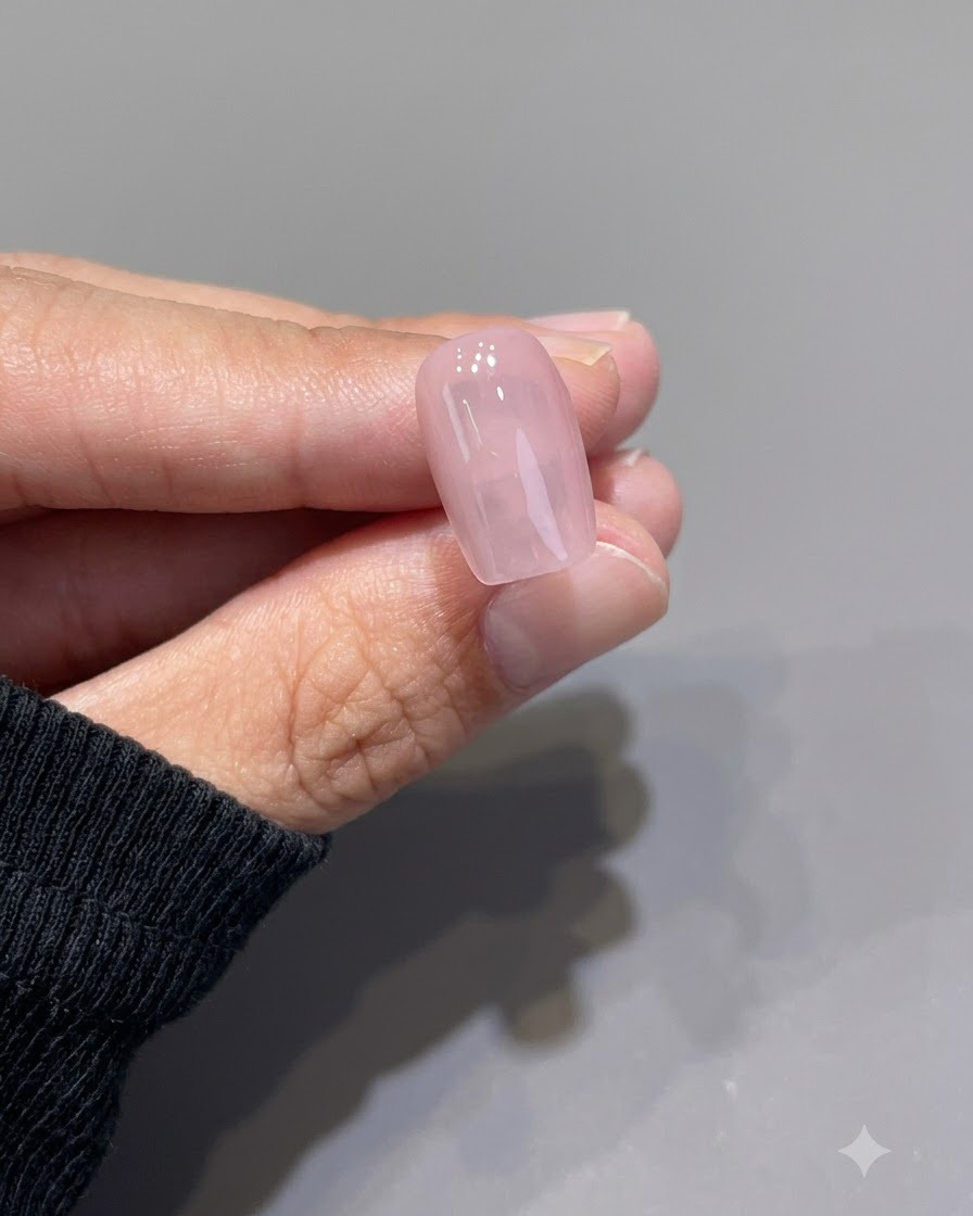 Un seul ongle rose translucide brillant tenu entre les doigts après avoir été catalysé.