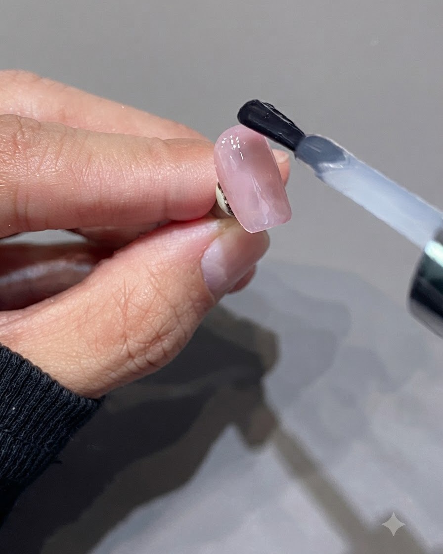 Un pinceau appliquant un top coat rose laiteux translucide sur une surface dongle rose brillante.