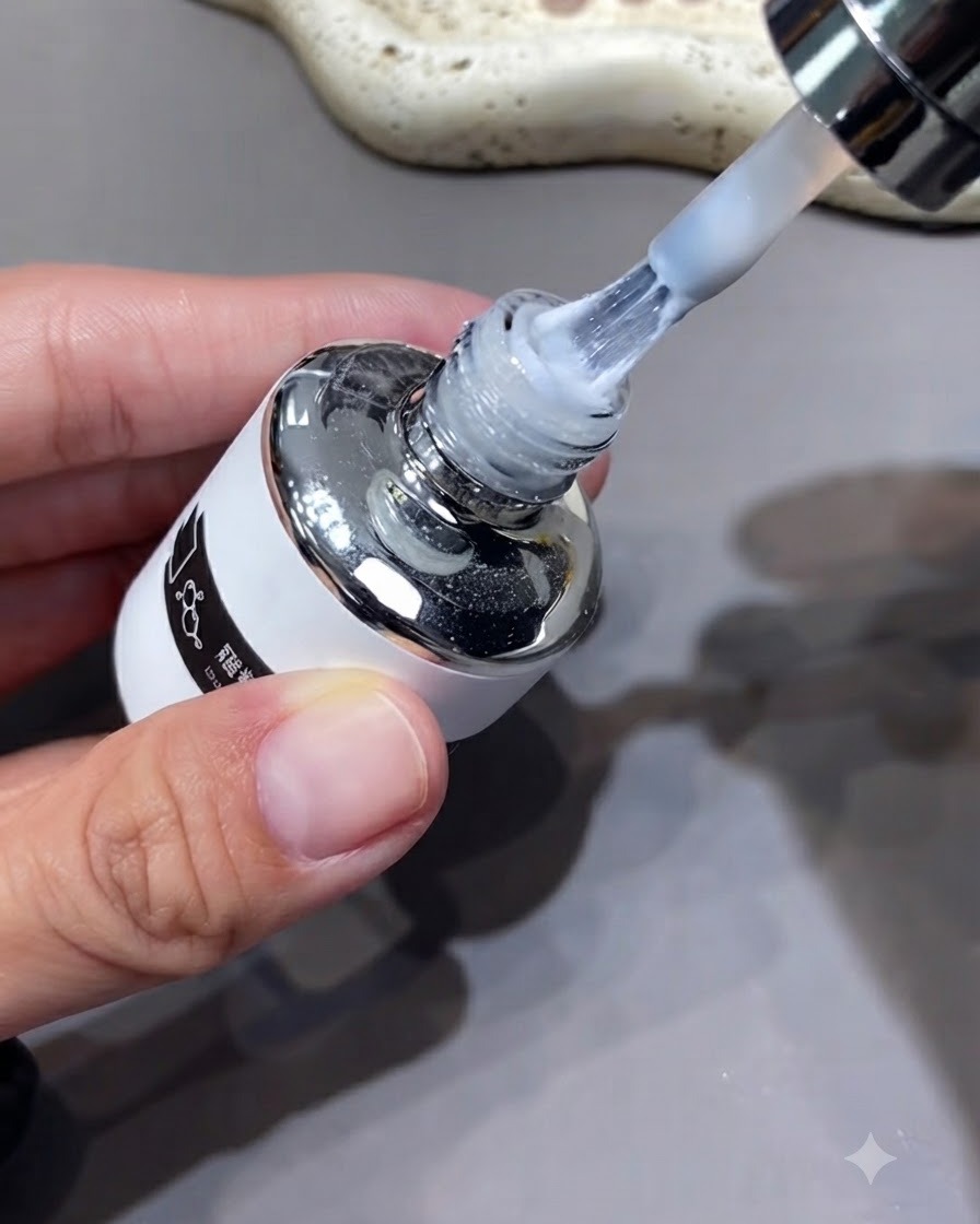 Un flacon de top coat chrome blanc avec le pinceau applicateur levé, montrant le liquide visqueux.