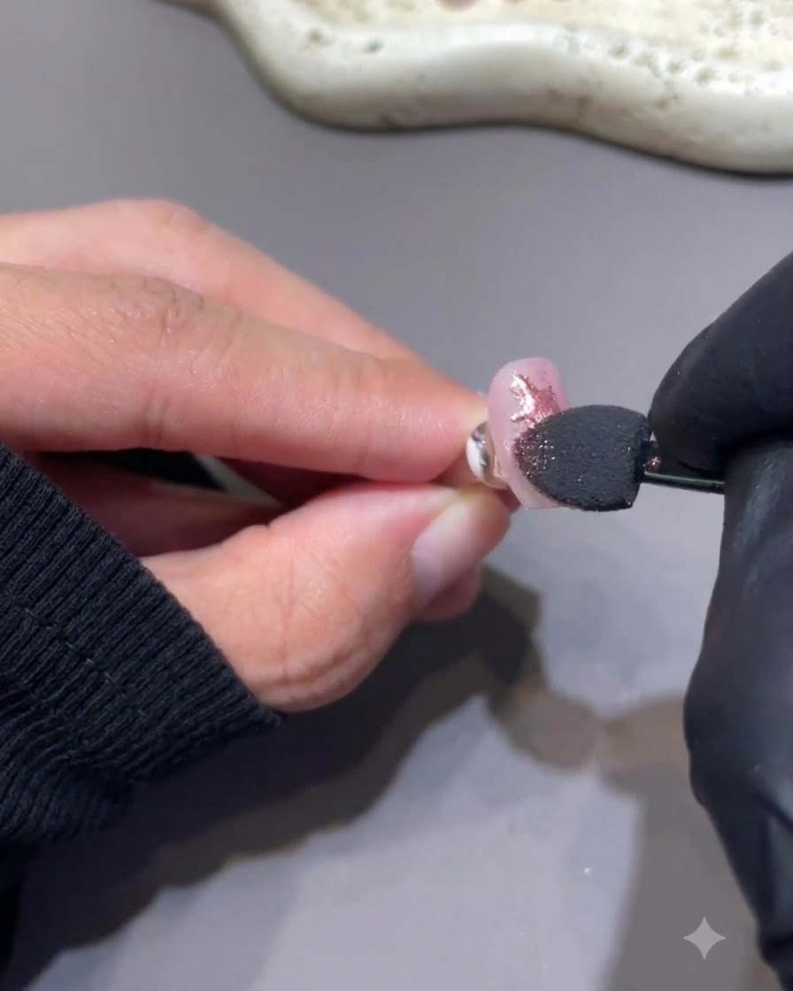 Un applicateur en mousse pressant de la poudre chrome rose directement sur un motif détoile peint sur un ongle.
