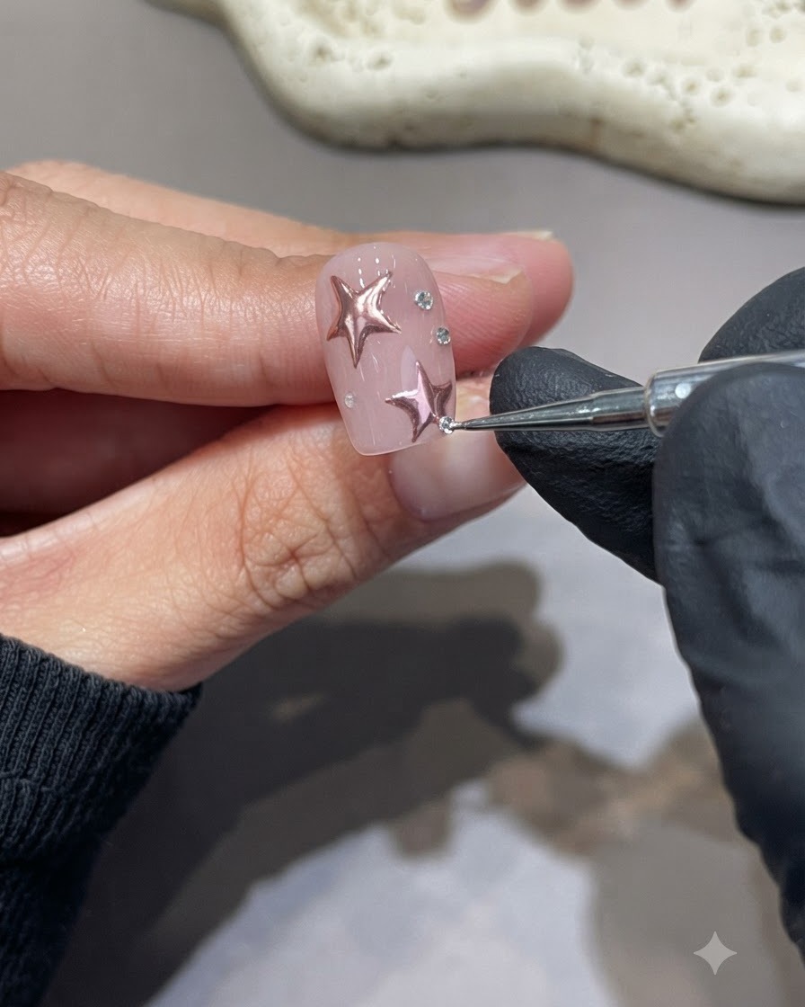 Un outil de précision plaçant de petits strass étincelants sur un ongle rose décoré détoiles chromées.