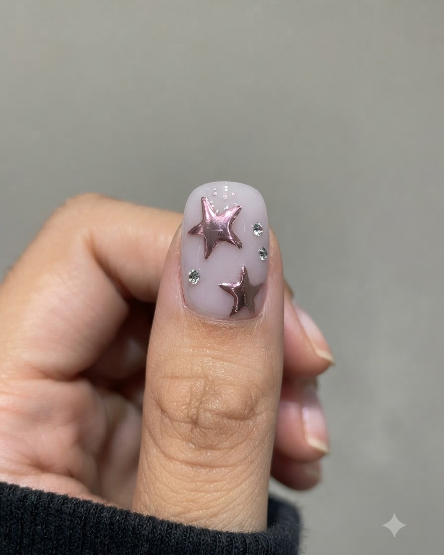 Gros plan dune main avec un nail art détoiles décoré et des strass placés à lintérieur dune lampe de catalysation dongles UV/LED compacte.