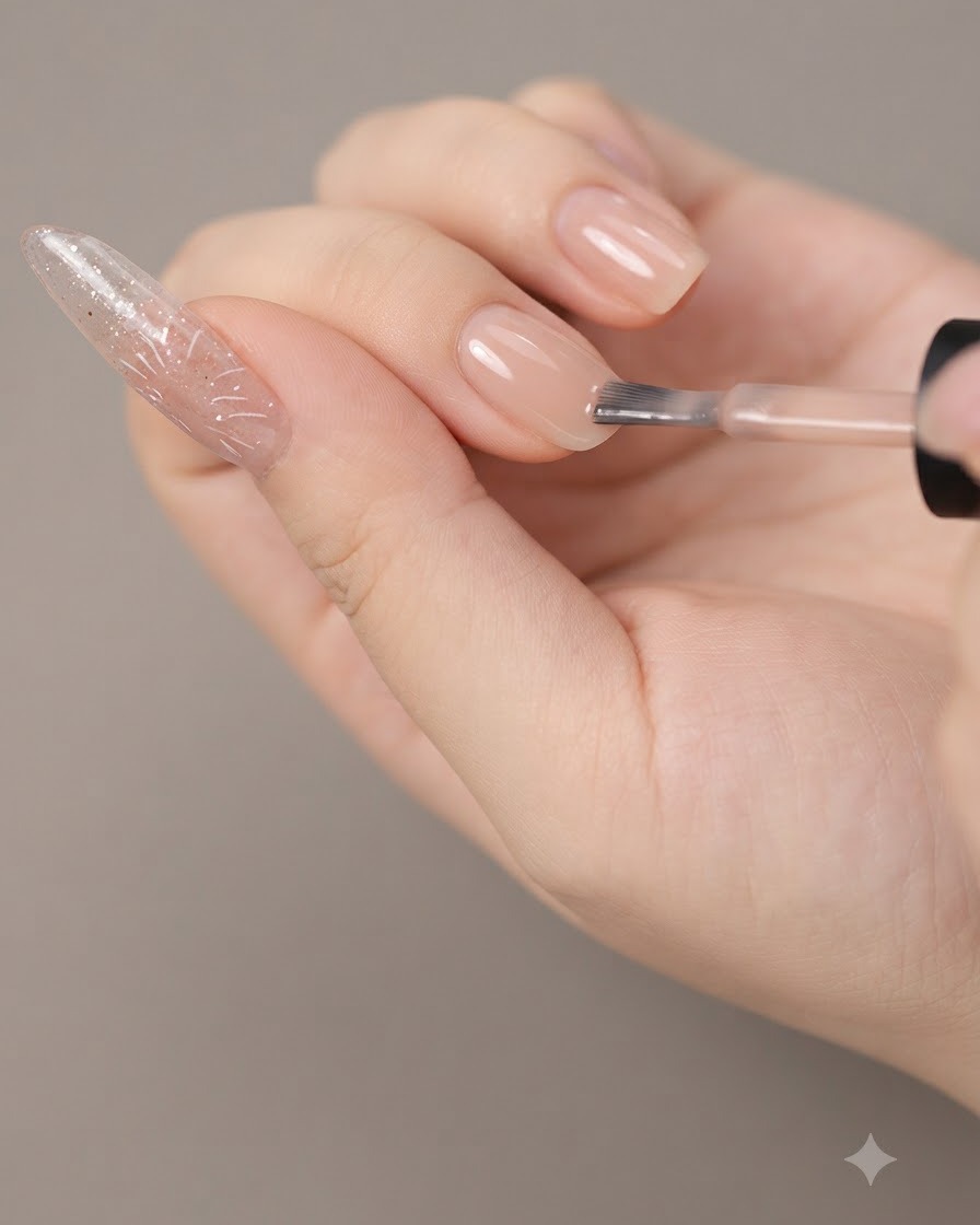 Un pinceau à ongles appliquant une couche lisse de gel vernis de base nude sur un ongle dentraînement allongé.