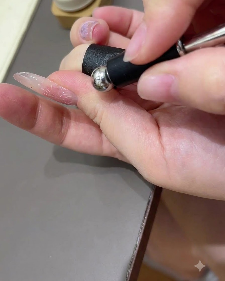 Un outil à bille magnétique tenu de près au-dessus dune surface dongle brillante pour manipuler les particules de gel cat-eye.