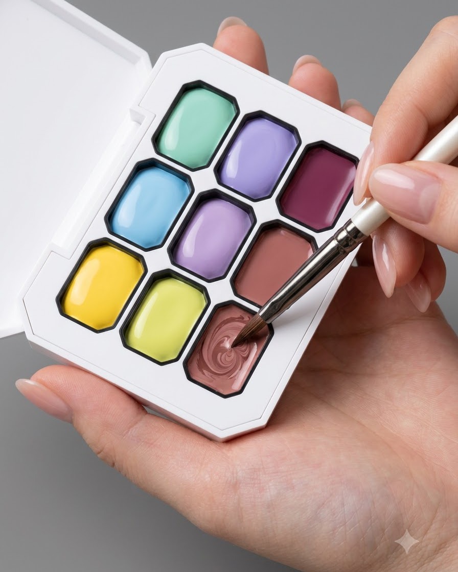 Un pinceau à ongles plongeant dans un compartiment rose dune palette multicolore.