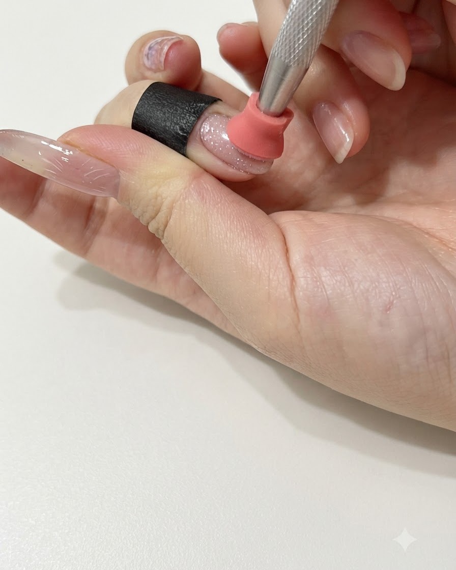 Un outil de tapotement en silicone pressant du gel rose sur la surface de longle à lintérieur de la zone de létoile.