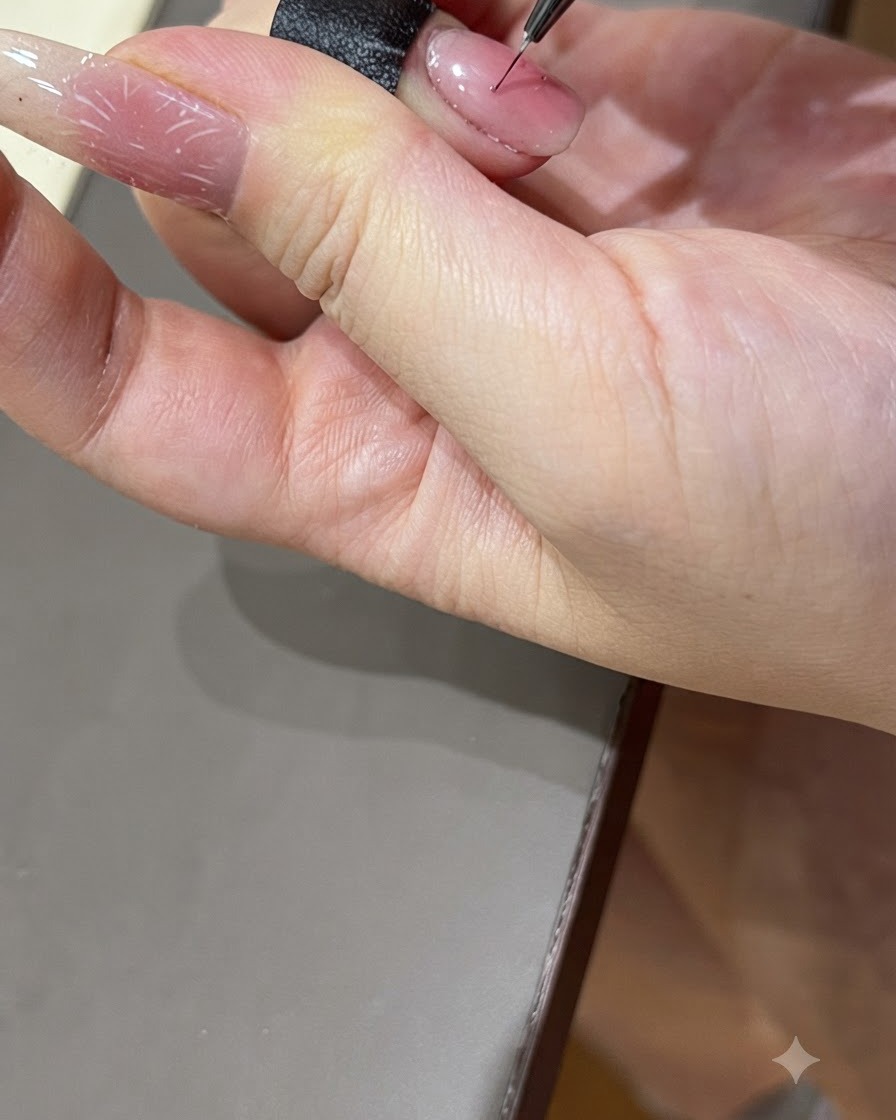 Un pinceau fin pour nail art prélevant du gel de tapotement coloré dune palette.