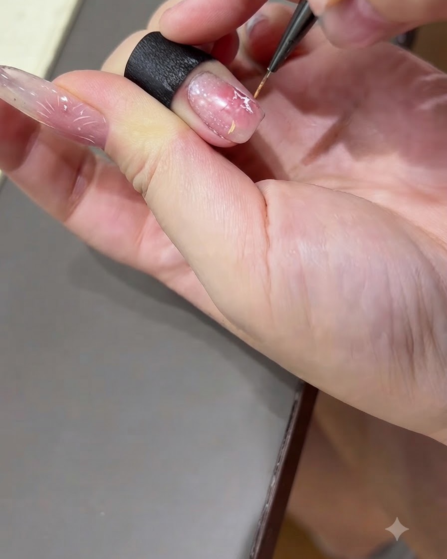 Un pinceau de détail fin dessinant des lignes radiantes colorées vers lextérieur à partir dune forme détoile sur un ongle en gel.