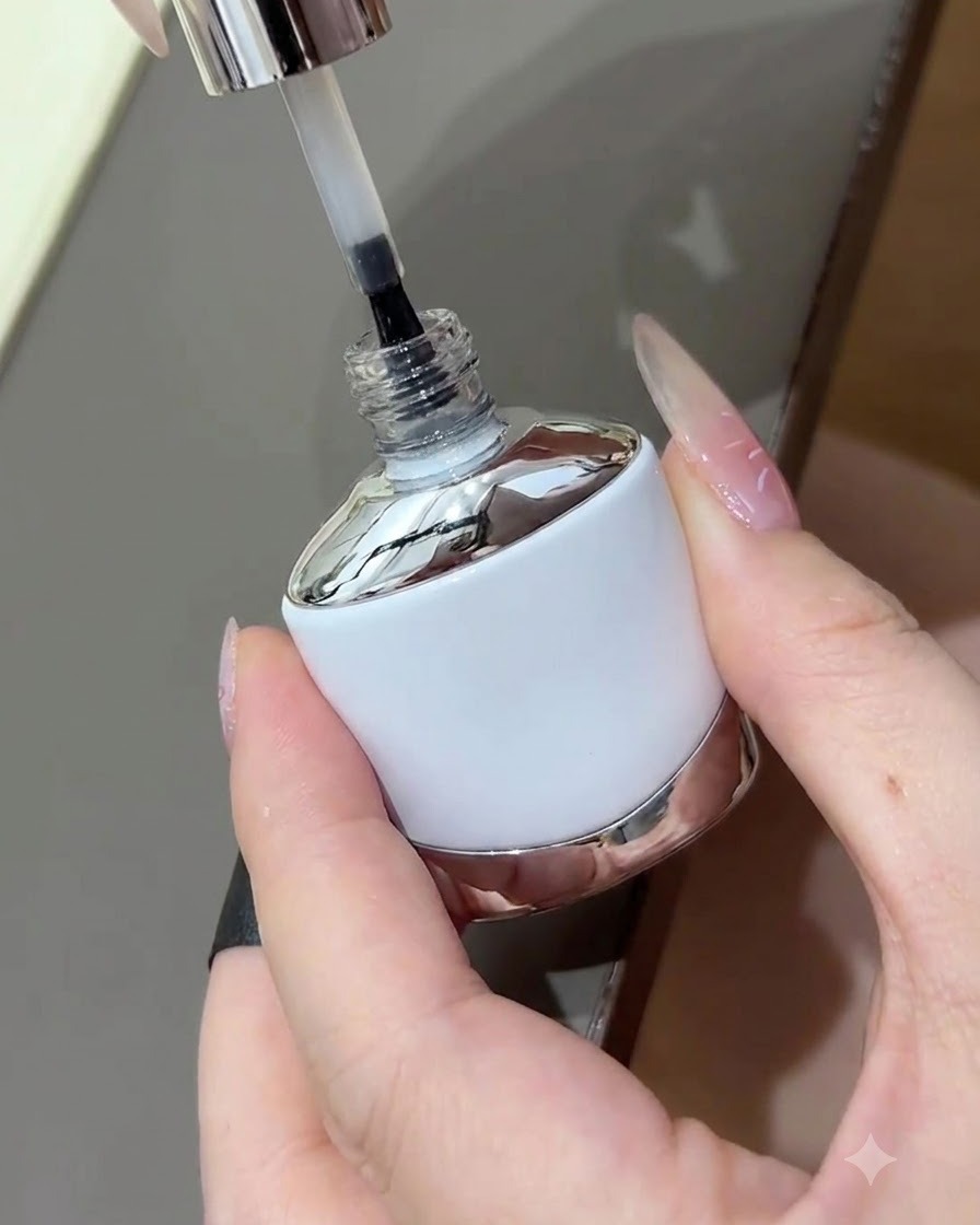 Un flacon de top coat pour ongles avec son pinceau levé, prêt à appliquer une couche de finition brillante protectrice sur la manucure.