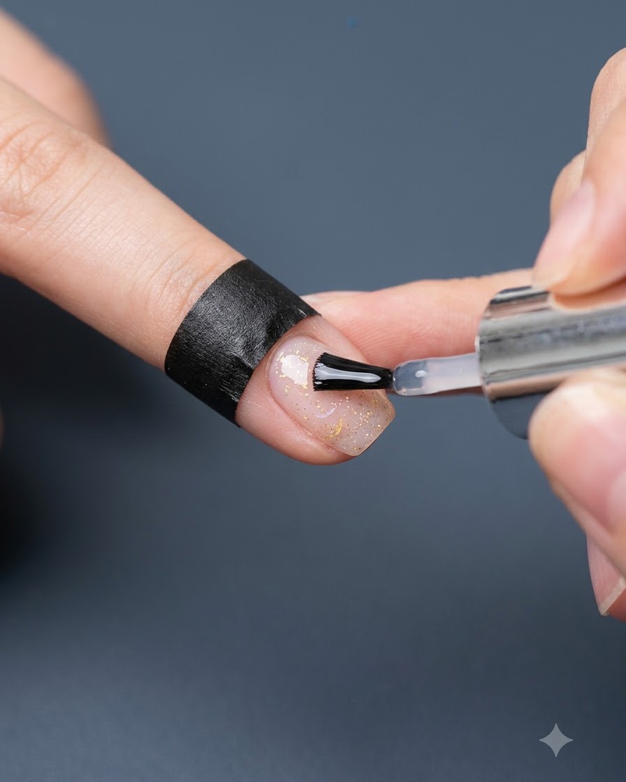 Un pinceau de top coat appliquant la dernière couche de scellement sur un design dongle en gel étoile arc-en-ciel creuse terminé.