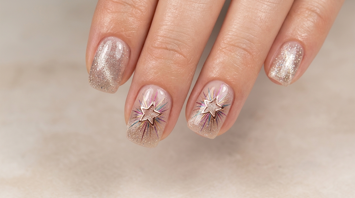 Vue rapprochée présentant des ongles en gel étoile arc-en-ciel creuse terminés avec une base nude transparente, un reflet cat-eye et un délicat nail art en forme détoile.