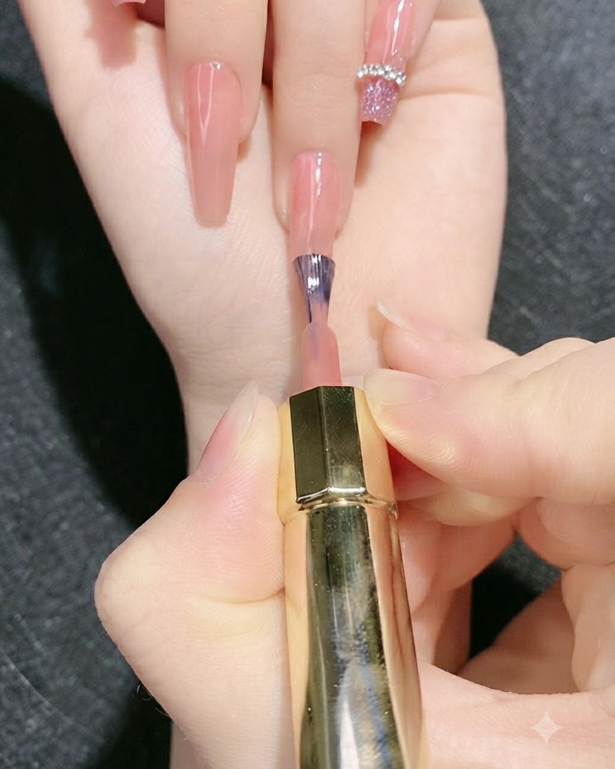 Un pinceau fin liner appliquant du gel de construction transparent pour tracer la forme dun cœur sur longle.