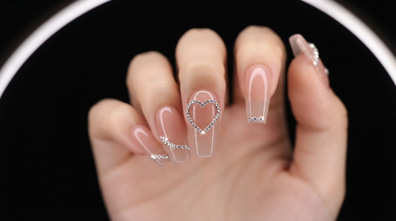 Design d'ongles rose nude avec dégradé et contour de cœur en chaîne de strass