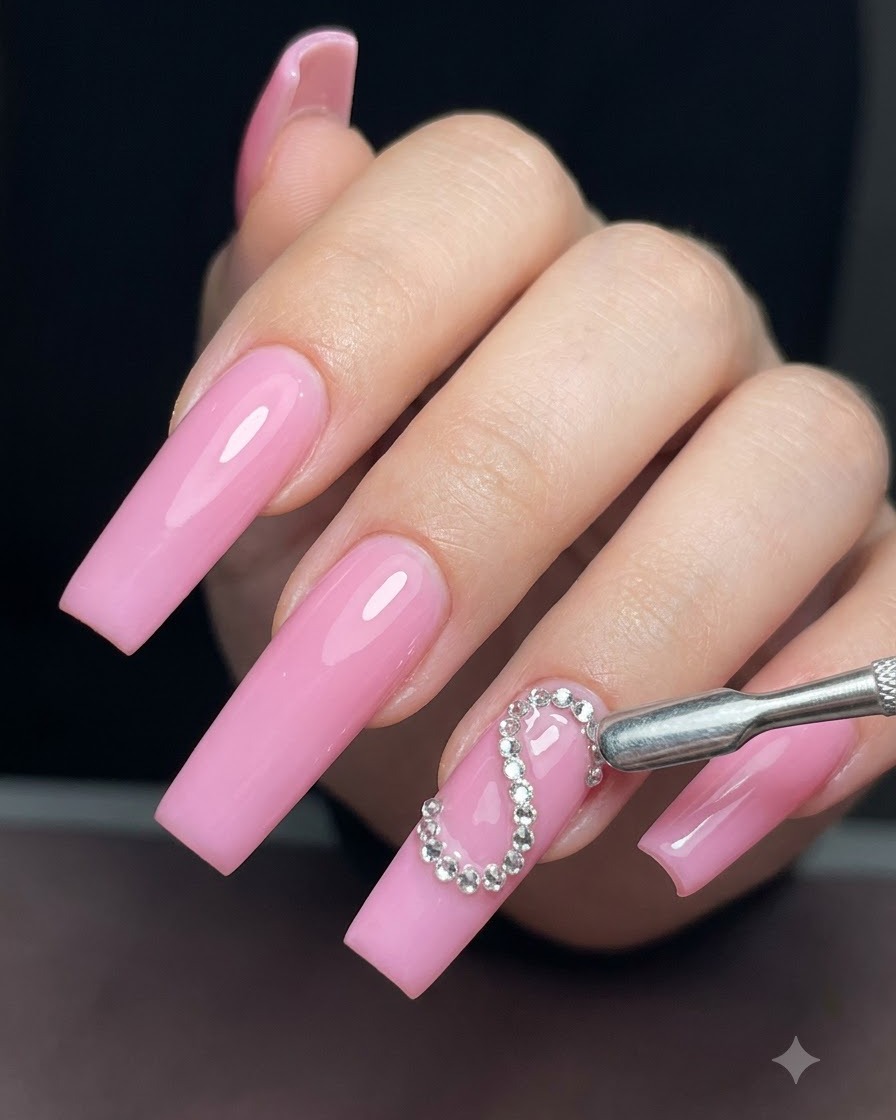 Un outil à ongle en métal et une vue détaillée dun design de demi-cœur souligné de strass scintillants sur un ongle rose.
