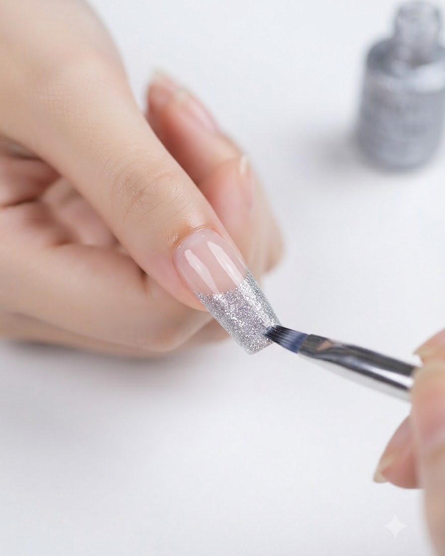 Un petit pinceau appliquant du vernis gel à paillettes argentées sur le bout dun ongle pour former un dégradé.