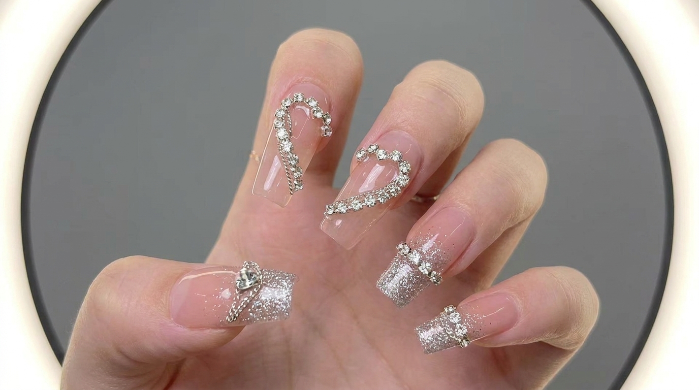 Ongles Gel Rose Nudité avec Cœurs en Strass et Chaînes Argentées — Tutoriel Pas à Pas