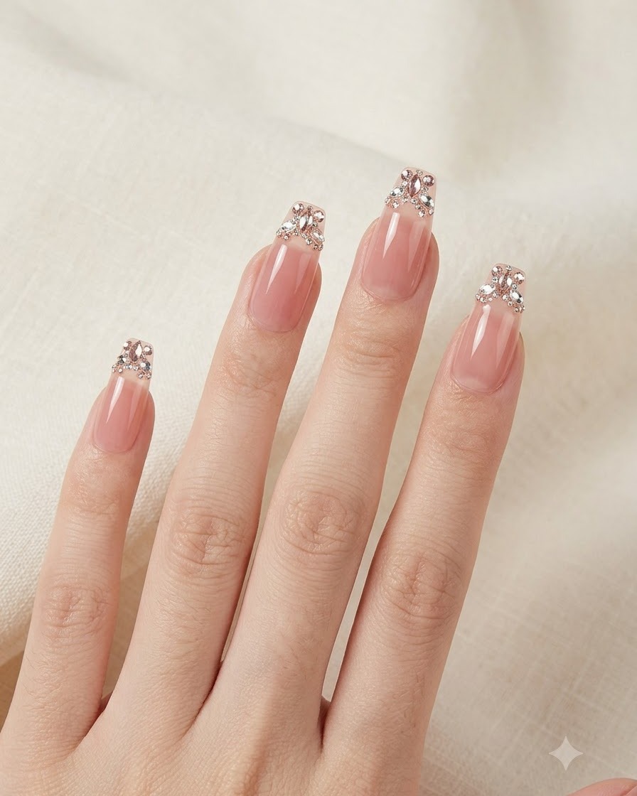 Perspective en gros plan soulignant la structure équilibrée et la forme en amande des extensions de faux-ongles sur les doigts.
